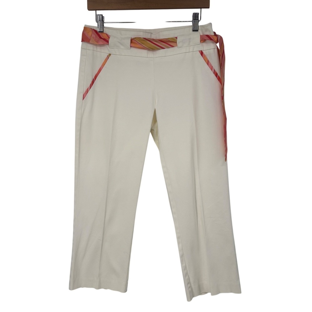 Y2K Cache Ivory Gaucho Pants with Striped Ribbon Belt Low Rise Size 5 Ivory Pink